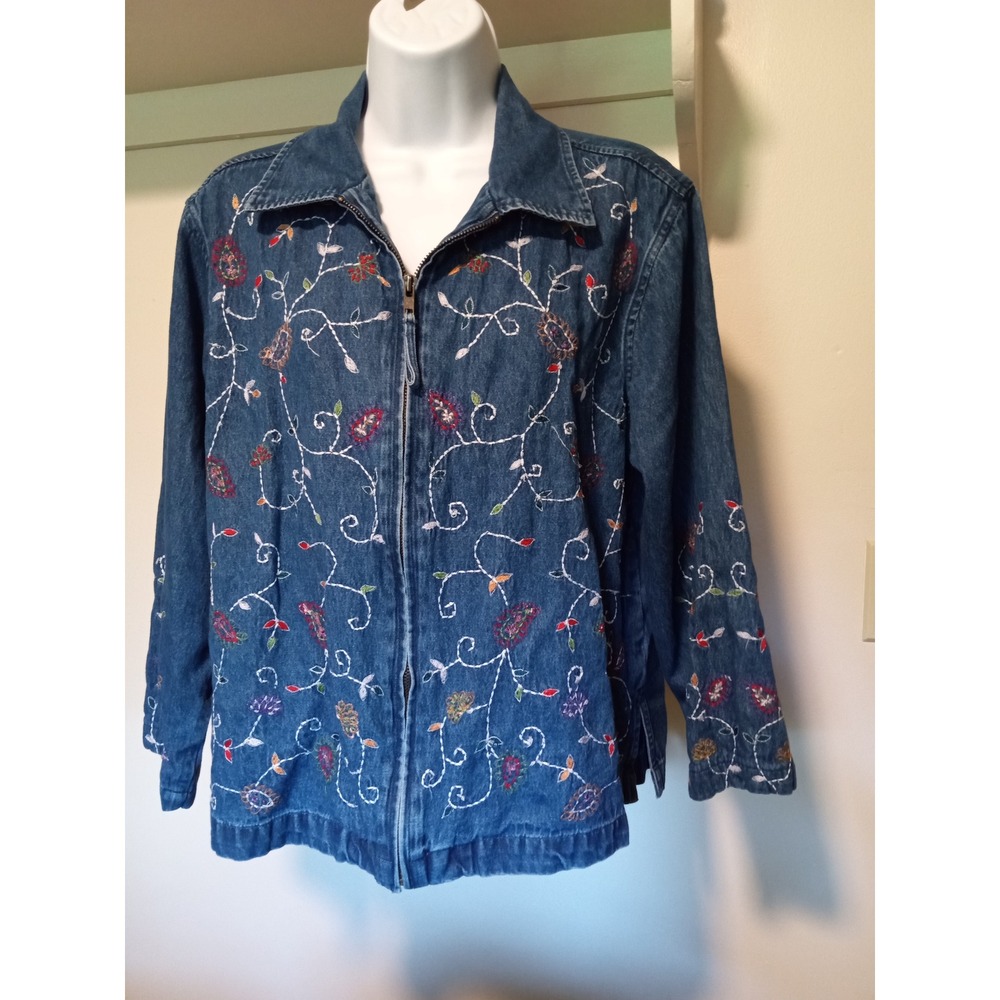 Vtg‎ Floral Embroidered Denim Jacket Blue Zip Up Boho Jean medium Womens
